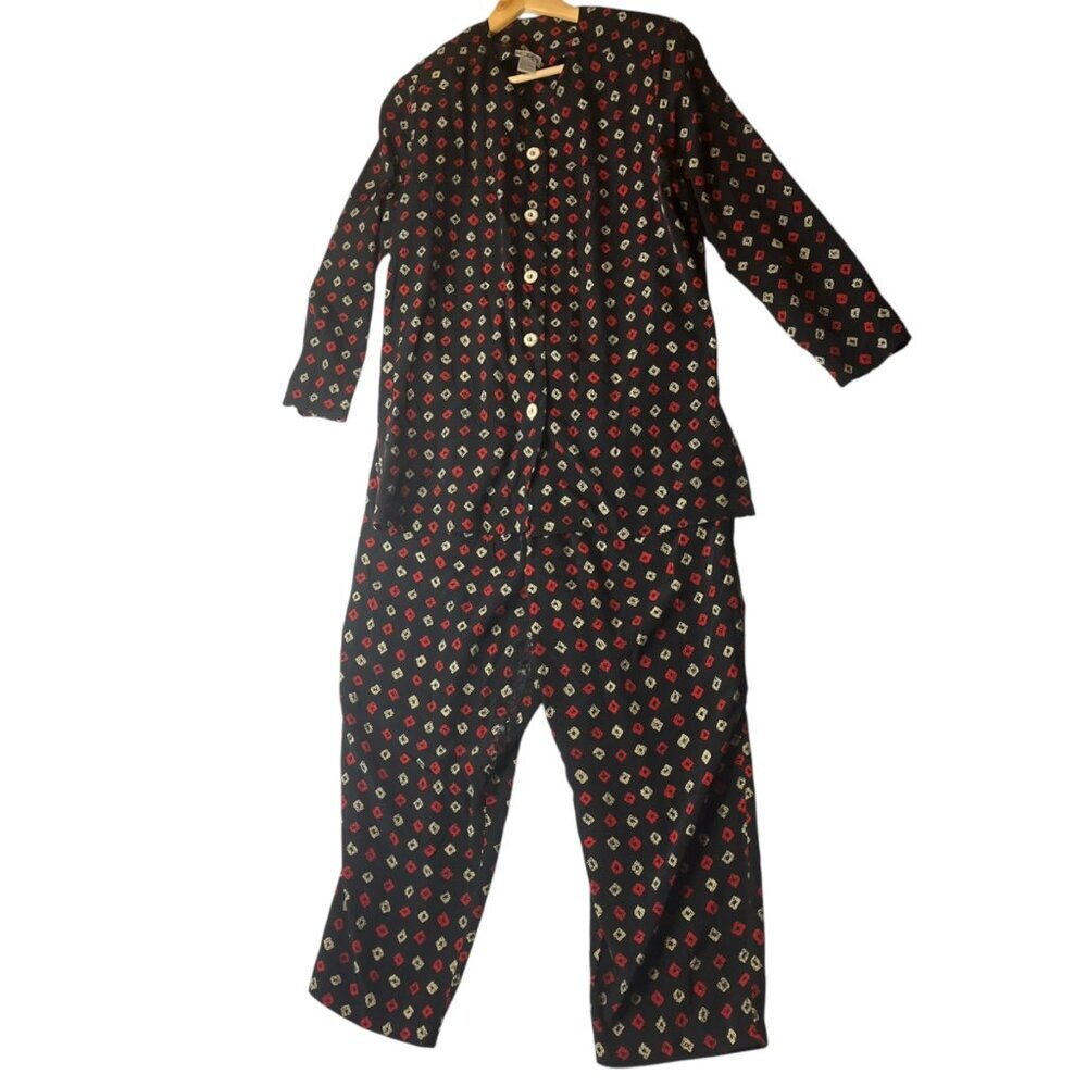 Vtg Koret Women's 10/12 Two Piece Set Shirt Pants Geometric Black Multicolor